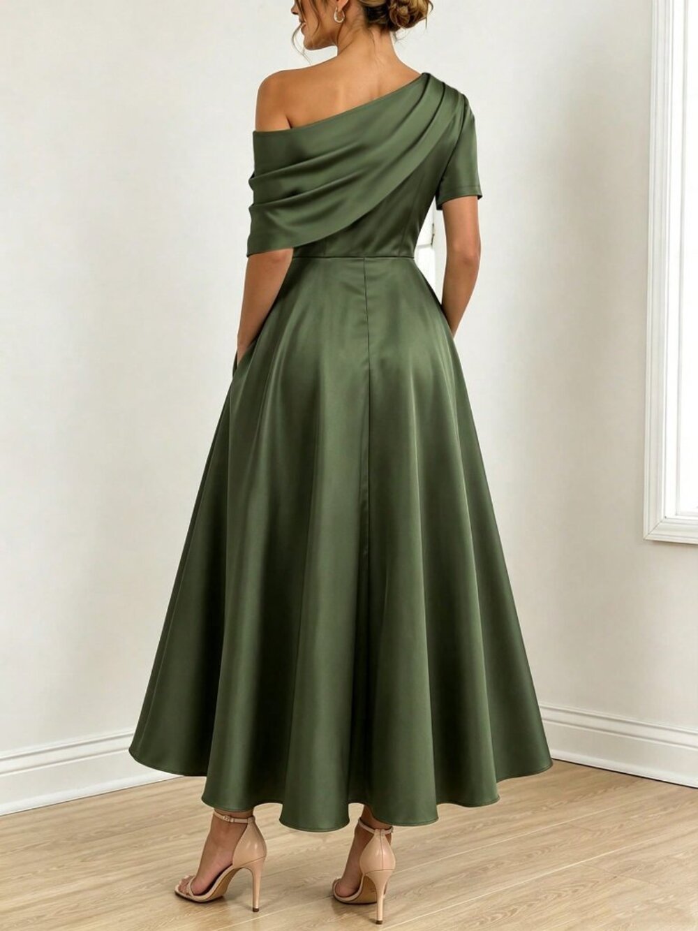 Olive Green Elegant Regular Fit Asymmetrical Ruched Zipper Long A-Line Dress - Picture 2 of 5